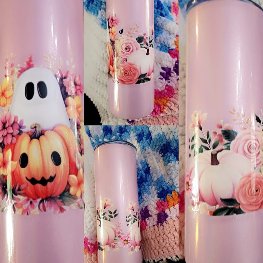 Pastel Pink Halloween Tumbler with Floral Design